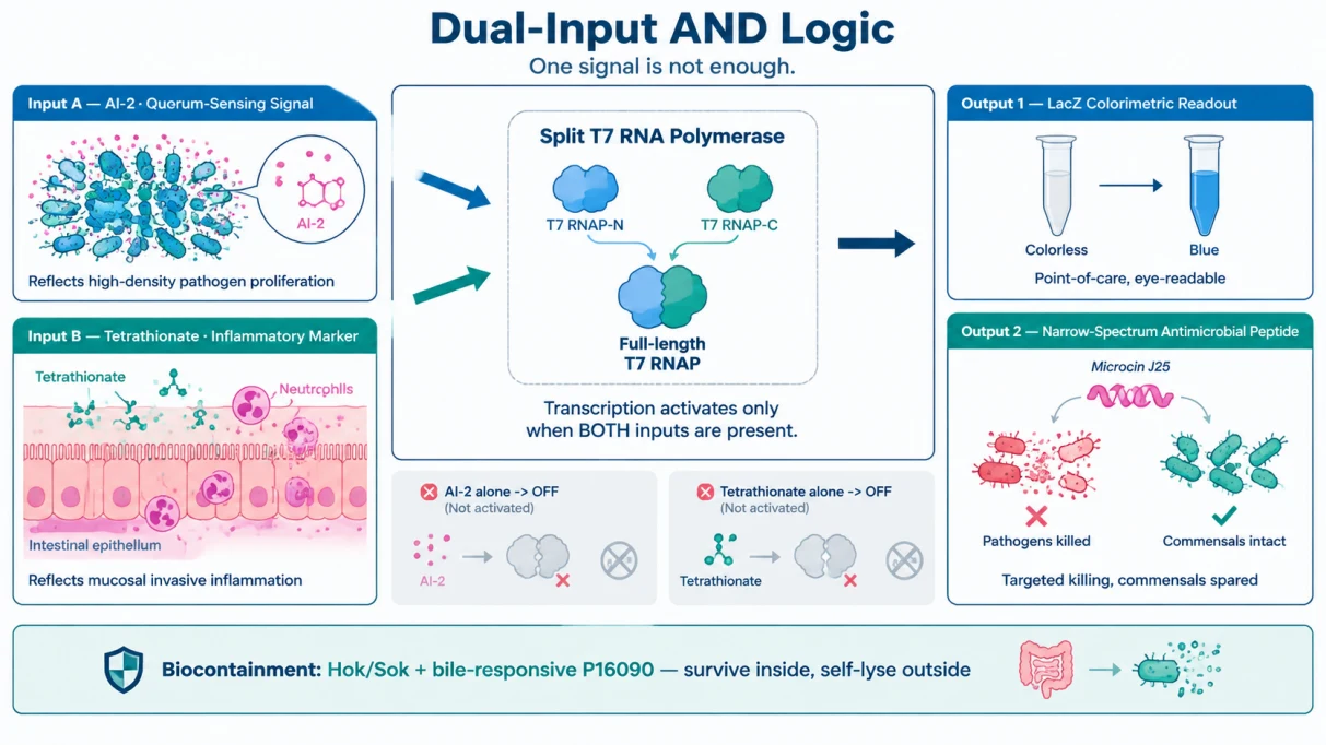 Conceptual two-input AND logic and proposed output and containment modules. This schematic describes the design intention; it is not a measurement of biological performance.