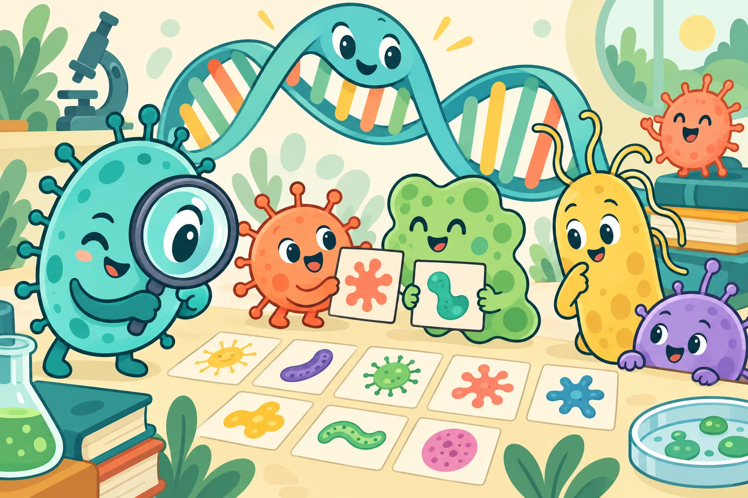 Friendly cartoon microbes explore different shapes with cards, a magnifying glass and a DNA mascot.