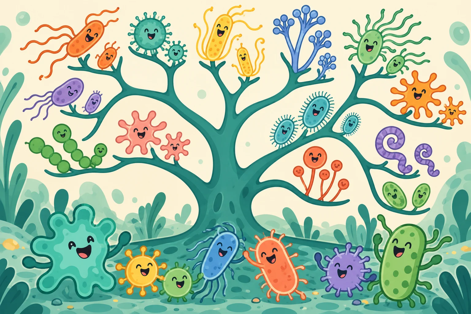 Different cartoon microbes share a branching tree