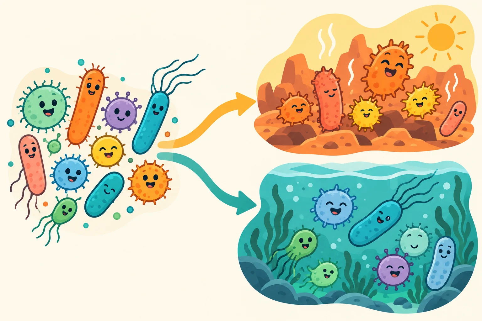 A varied group of cartoon microbes branches into two different environments.