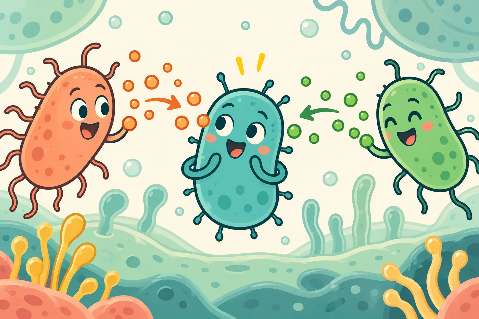 Two cartoon microbes send different signals towards a third