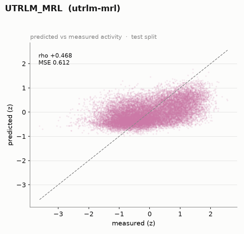 UTR-LM-MRL (rho = +0.468, MSE = 0.612)