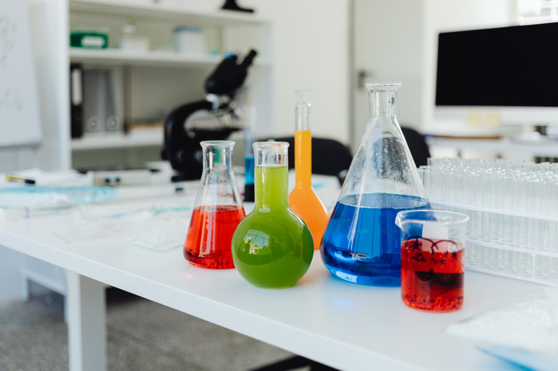 Laboratory bench with glassware