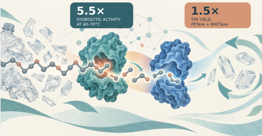 Key results graphic showing 5.5x hydrolytic activity and 1.5x TPA yield