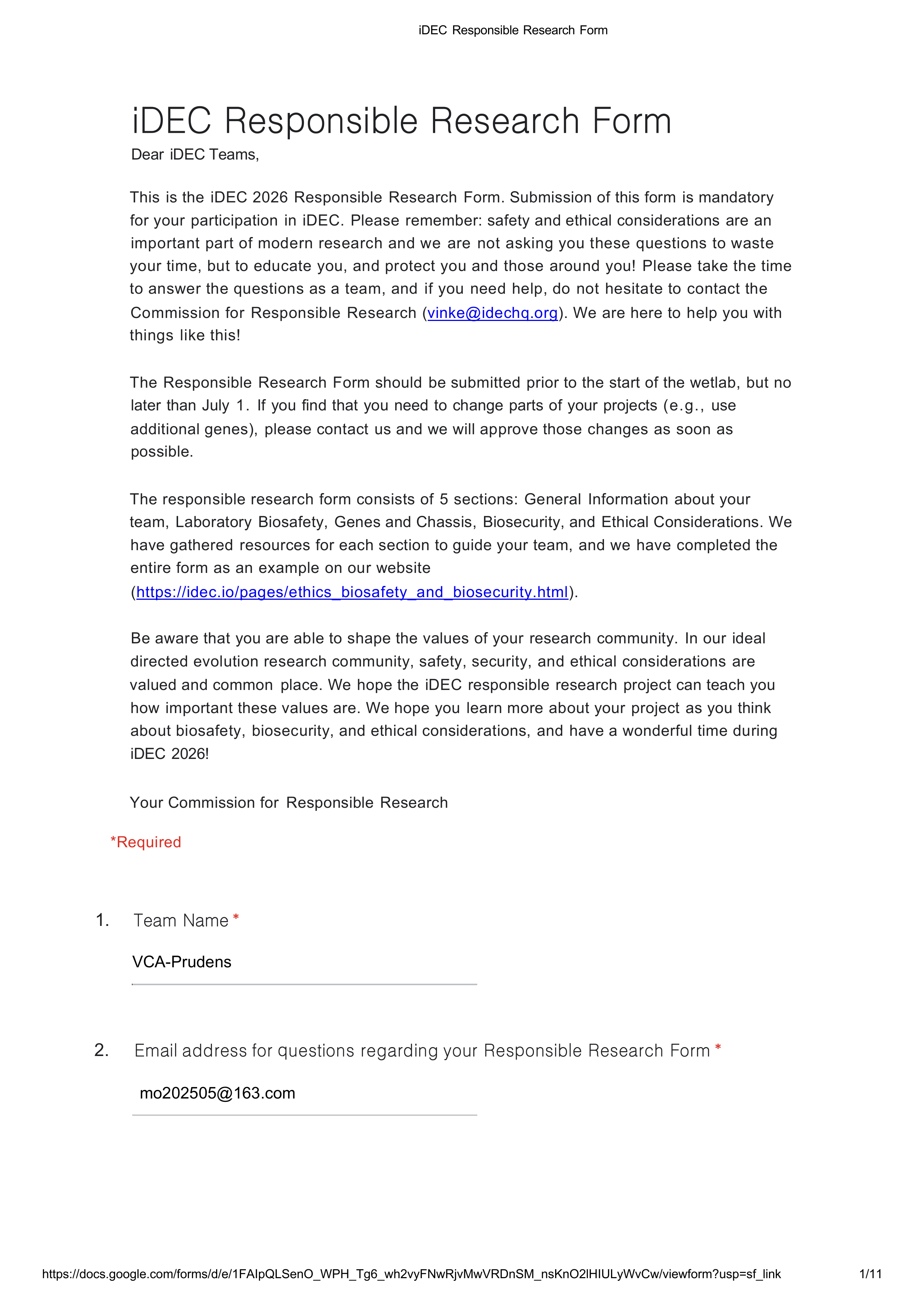 First page of the iDEC Responsible Research Form